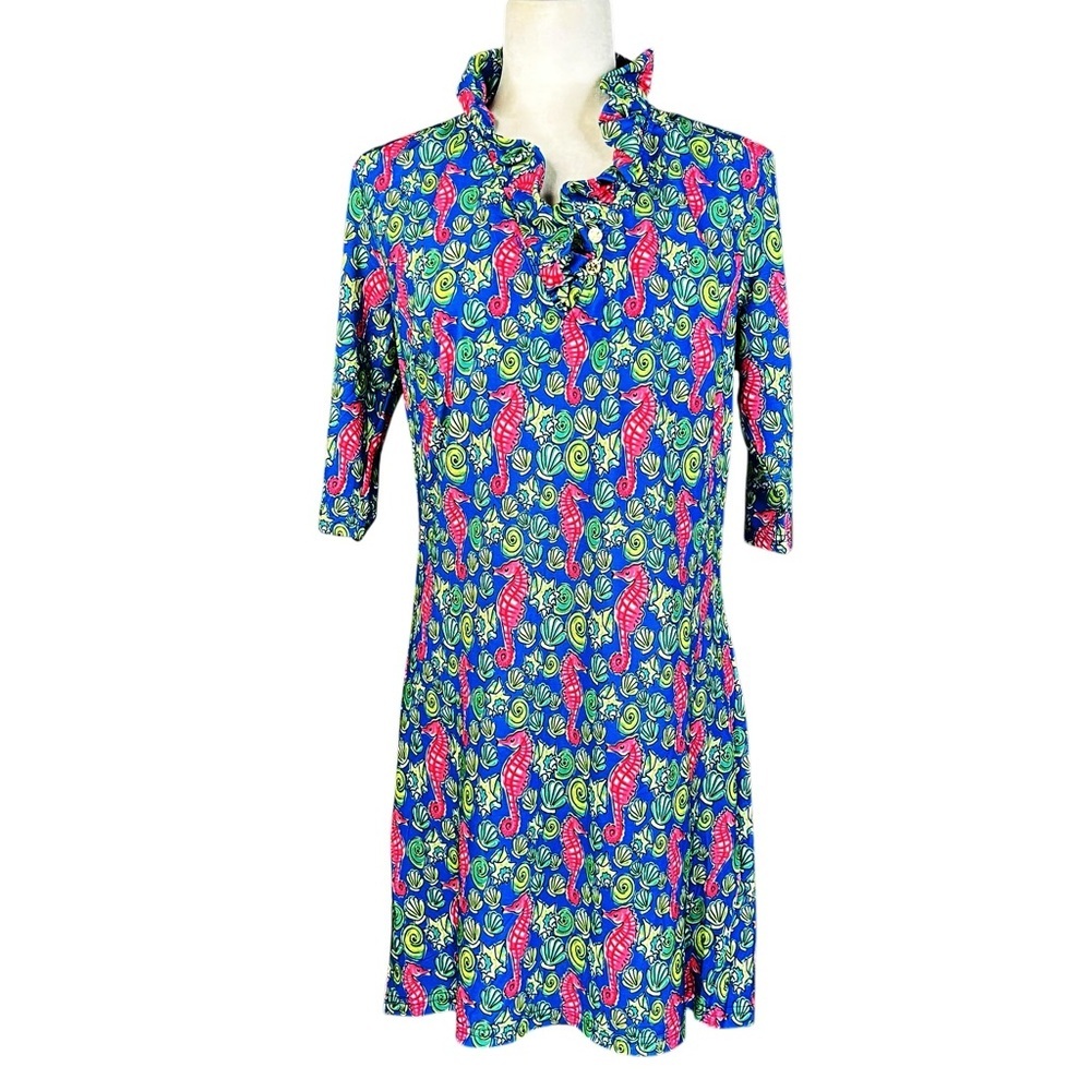 Simply Southern Blue Mini Dress with Pink and Lime Seahorse Print